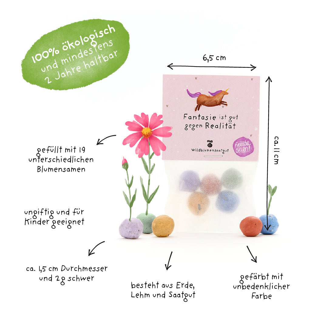 5 Blumenmurmeln im Tütchen "Fantasie ist gut gegen Realität"