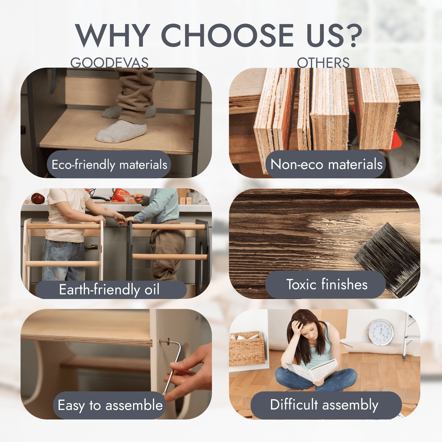 Stabiler Montessori Lernturm: Mitwachsender Kinderstuhl aus Holz – Grau