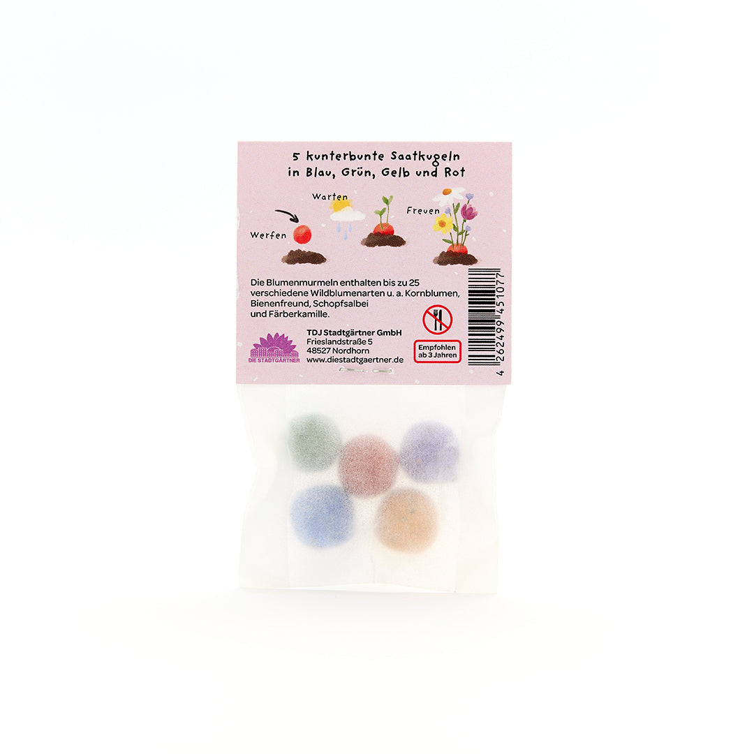 5 Blumenmurmeln im Tütchen "Fantasie ist gut gegen Realität"