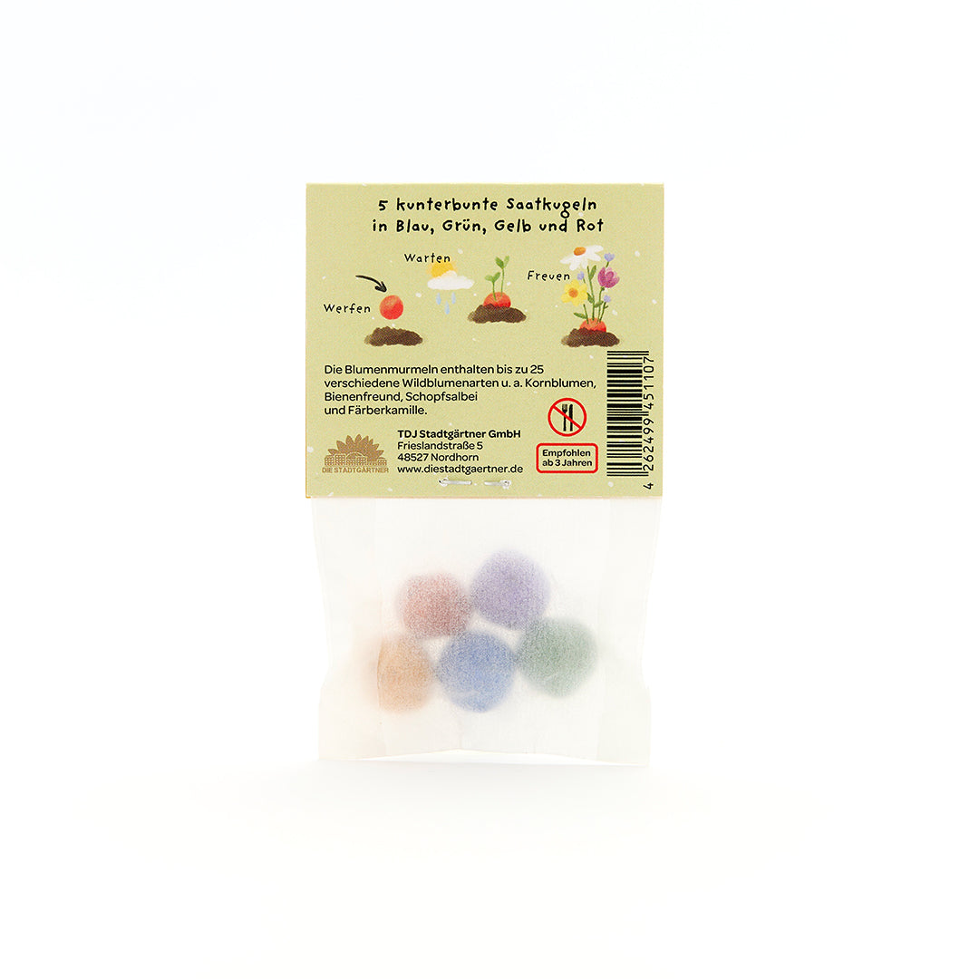 5 Blumenmurmeln im Tütchen "Hat die Blume einen Knick, war die Hummel wohl zu dick"