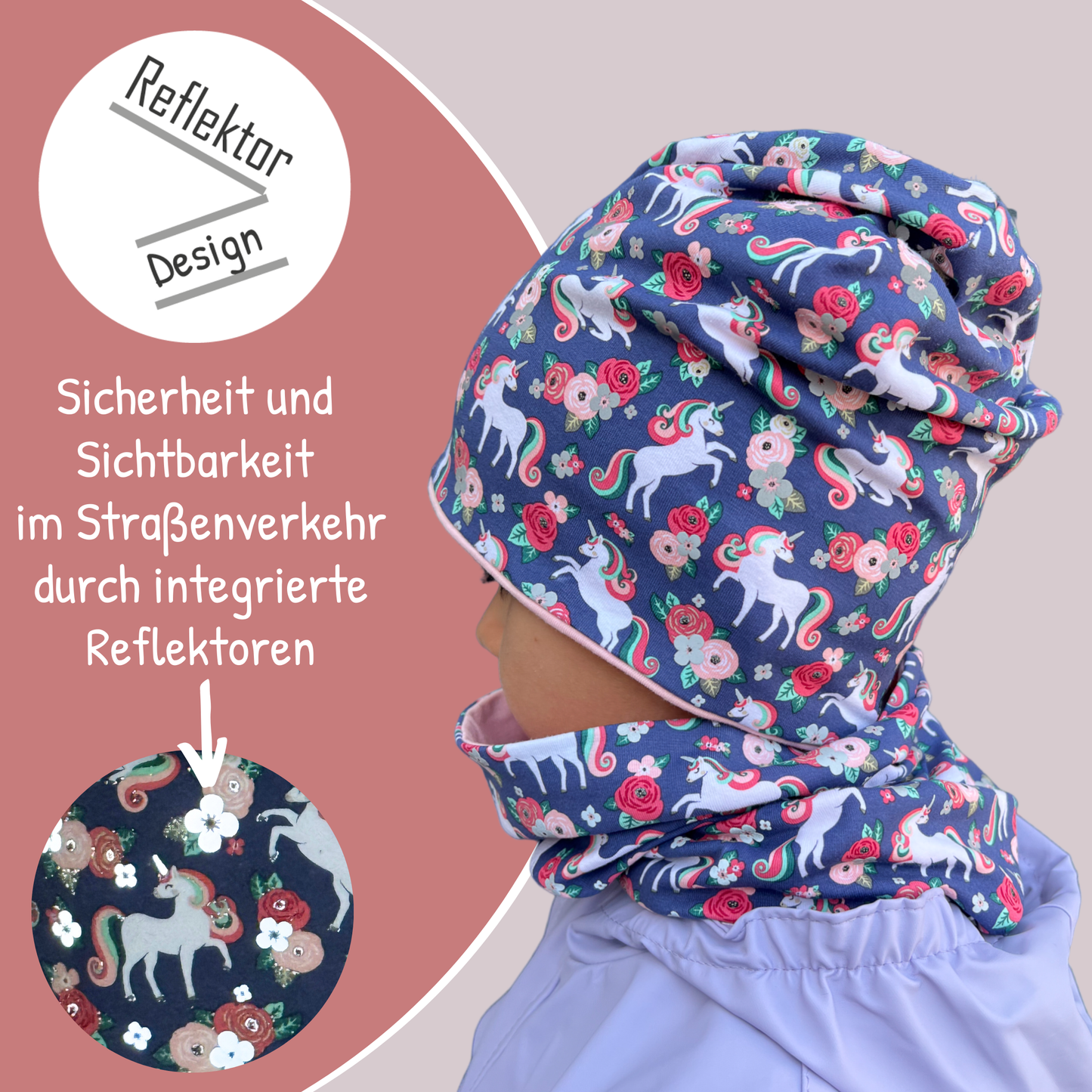 Kinder Reflektor Mütze & Loop - Einhorn