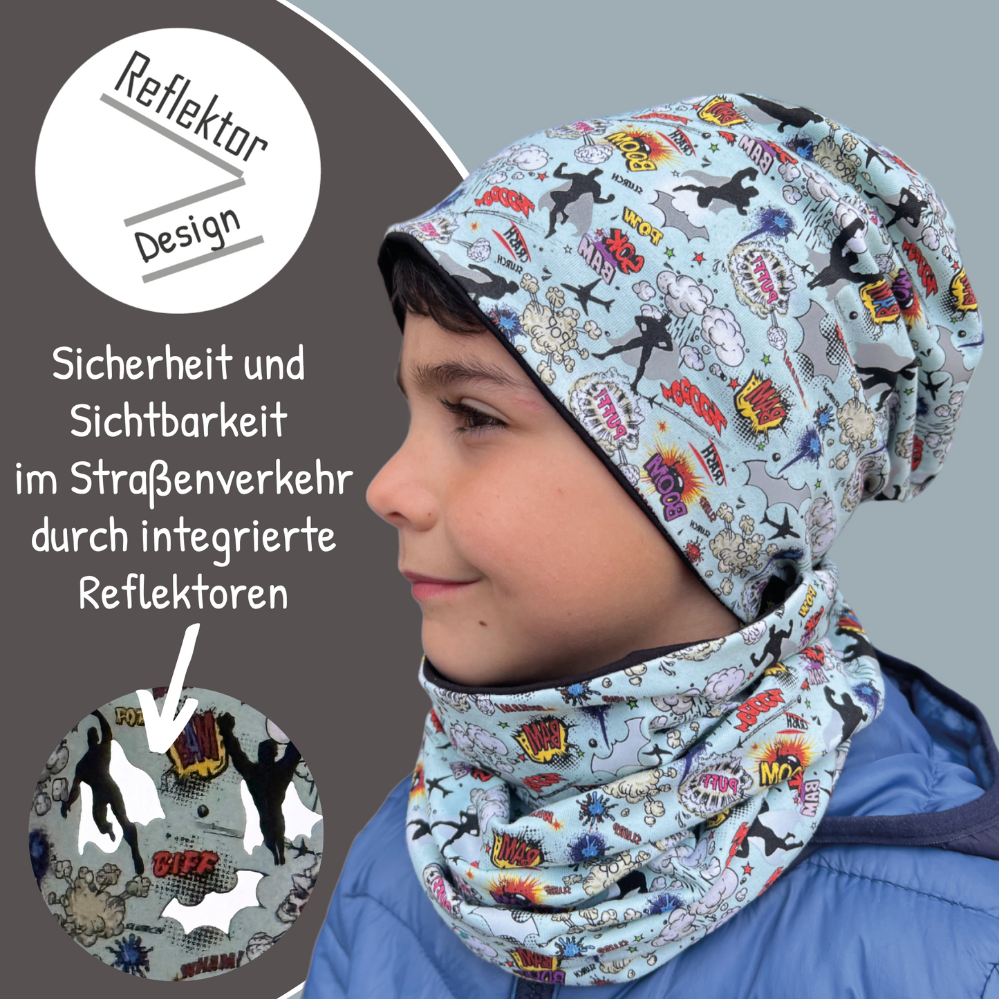 Kinder Reflektor Mütze & Loop - Superheld
