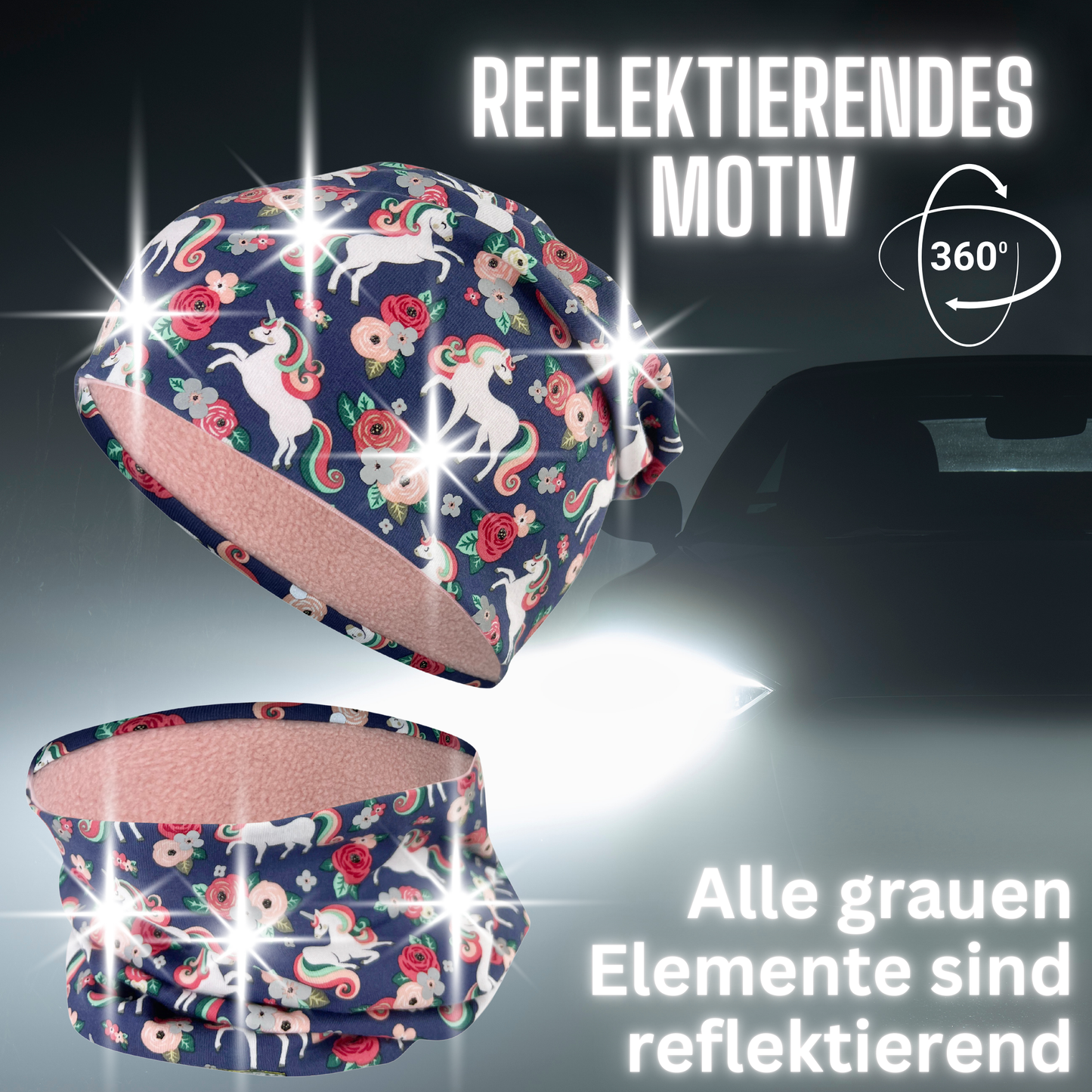 Kinder Reflektor Mütze & Loop - Einhorn