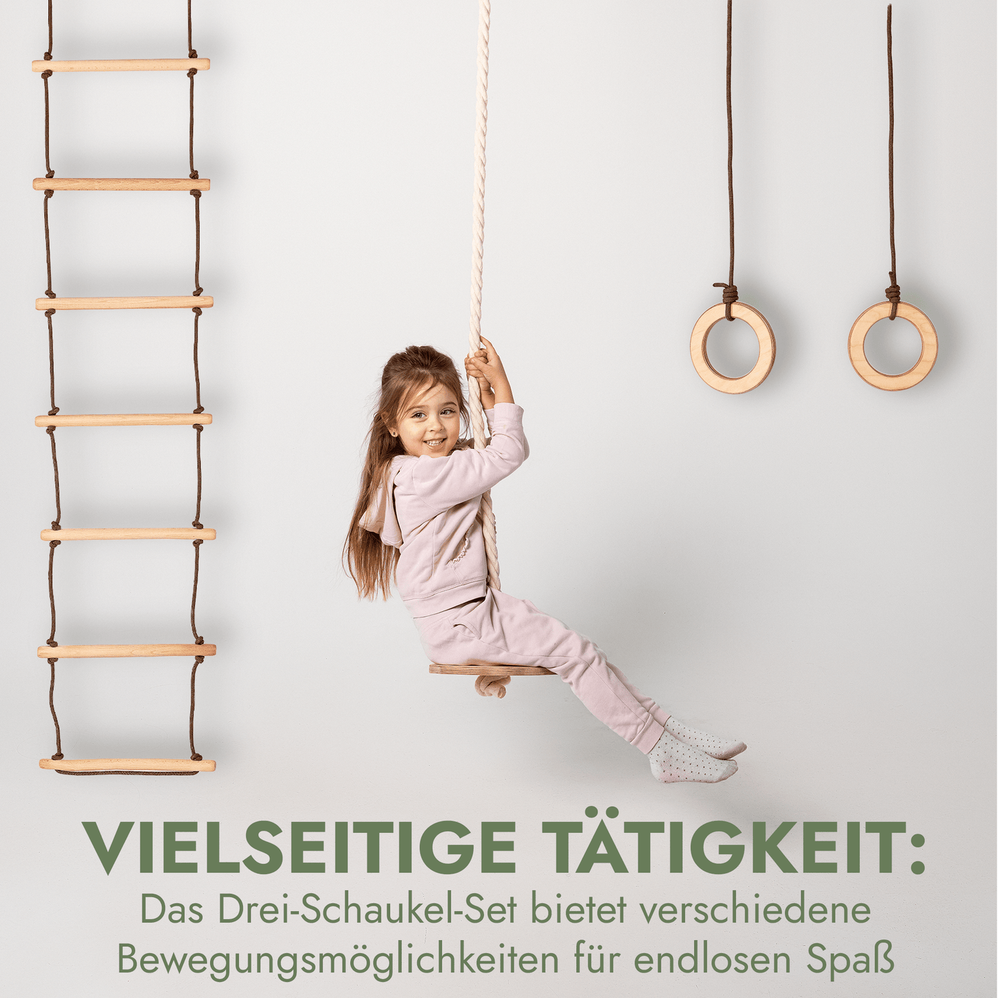 Set aus drei Schaukeln: Scheibe + Ringe + Strickleiter