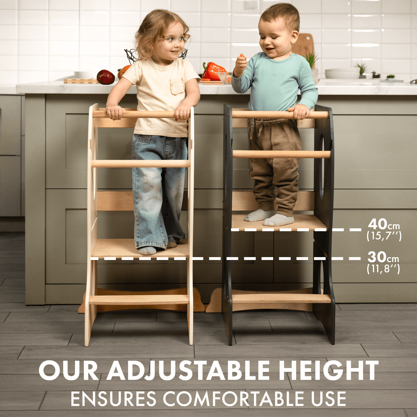 Stabiler Montessori Lernturm: Mitwachsender Kinderstuhl aus Holz – Beige