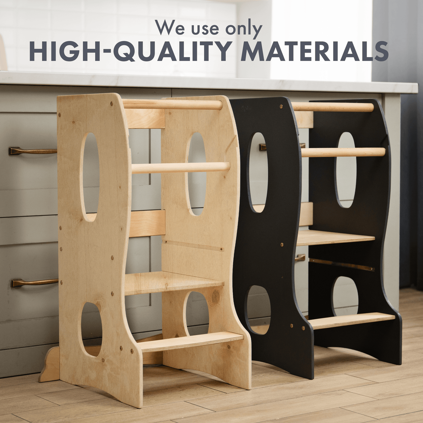 Stabiler Montessori Lernturm: Mitwachsender Kinderstuhl aus Holz – Beige