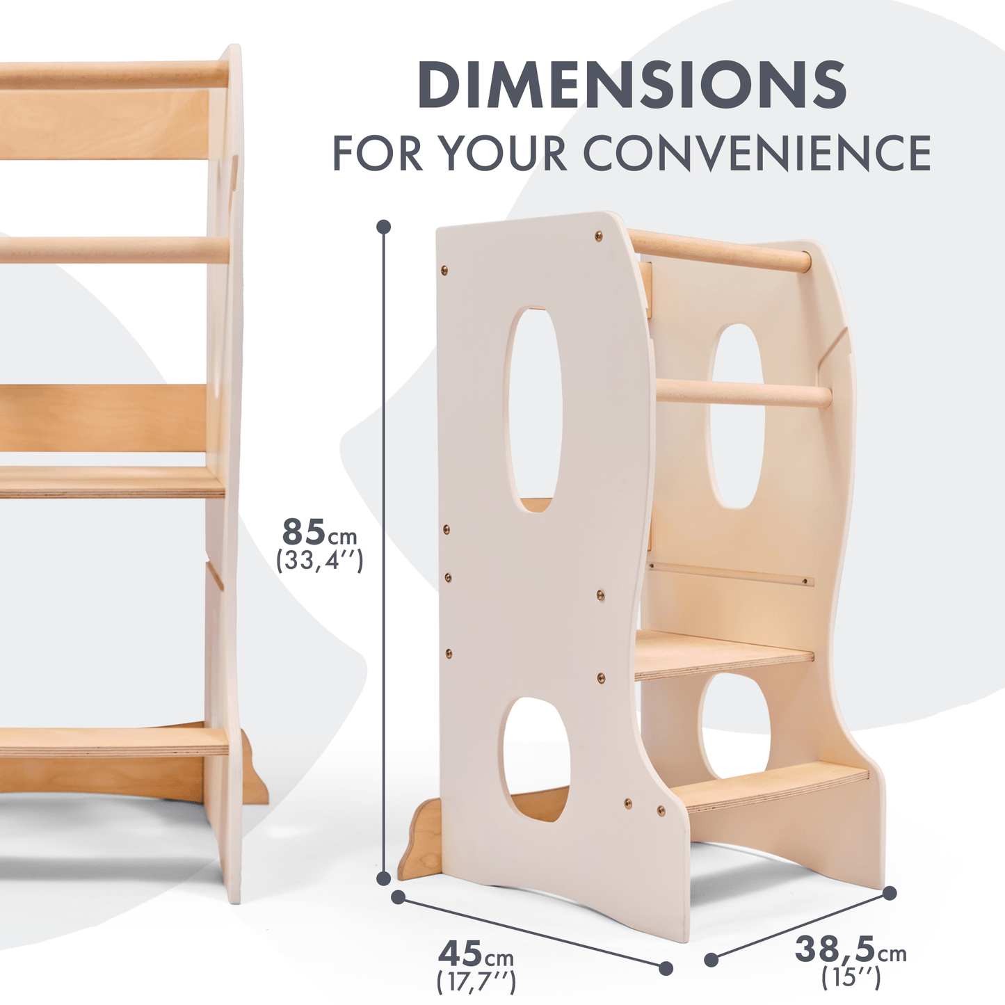Stabiler Montessori Lernturm: Mitwachsender Kinderstuhl aus Holz – Elfenbein